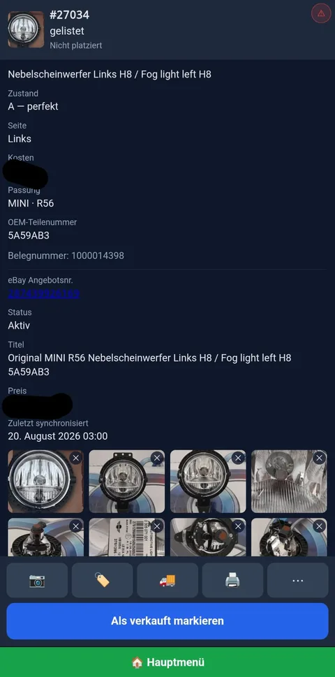 Artikelakte mit Zustand, Passung, OEM-Nummer und Marktplatz-Synchronisation